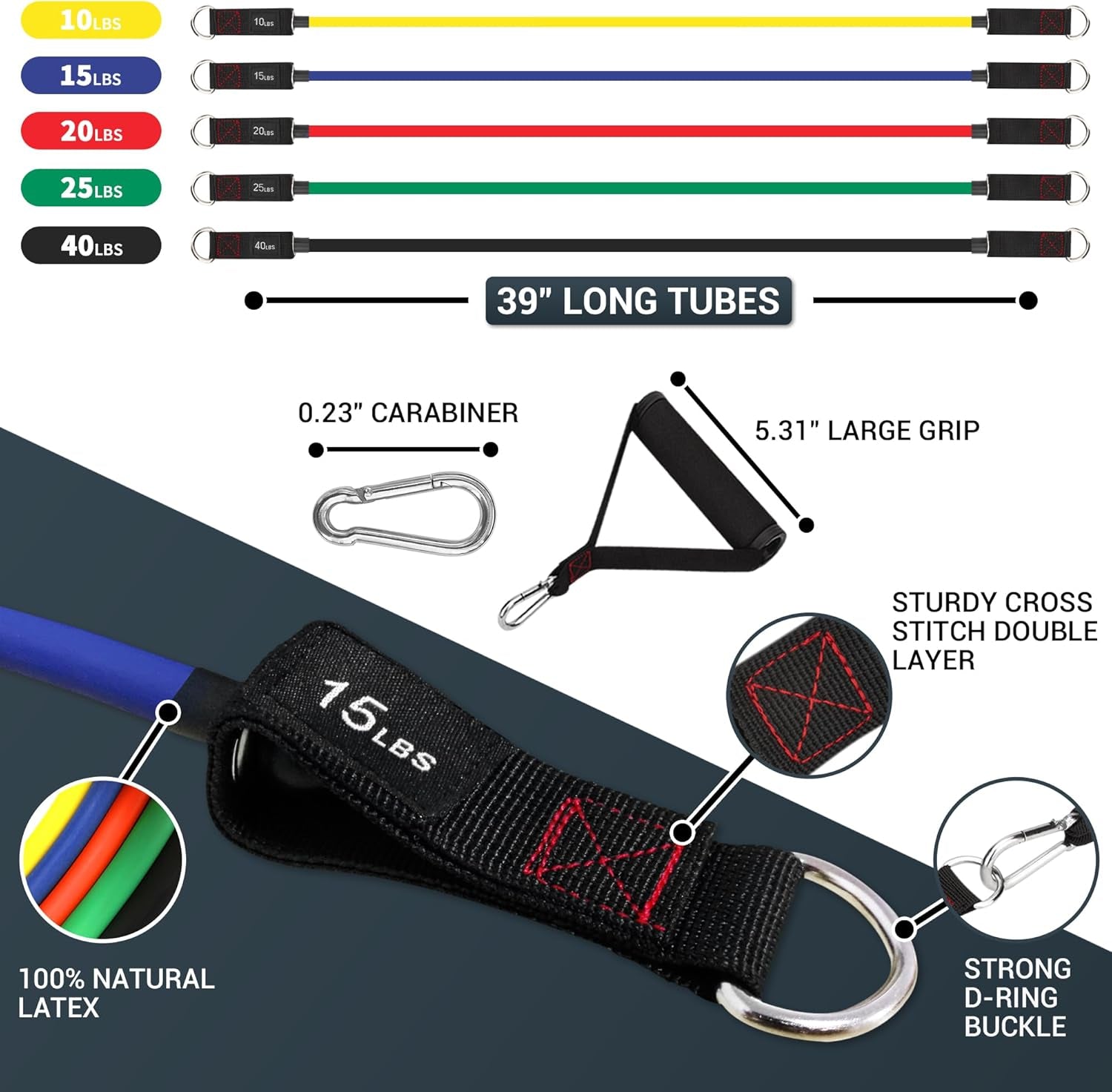 Resistance Bands with Handles - Designed for American Body Types, Exercise Workout Tubes for Men, Women, Includes Large Handles, Ankle Straps, Door Anchor, Fitness Levels